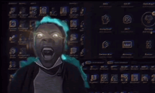a man wearing headphones is screaming in front of a computer screen with lightning coming out of it