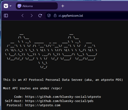 screenshot of my atproto PDS's homepage with the favicon being the mastodon logo and title being "Akkoma"