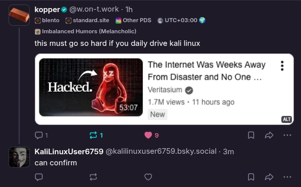 kalilinuxuser6759 replying to kopper and saying "can confirm"