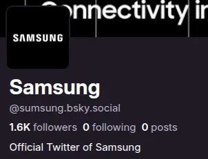 bluesky profile for "sumsung.bsky.social" and saying it the Official Twitter of Samsung