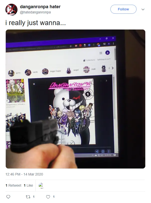 screenshot of an old tweet from a gimmick account named "danganronpa hater" that reads "i really just wanna..." with an image attached of a google image search result for some danganronpa title on a computer monitor with a hand holding a gun pointed at the monitor edited on top of it