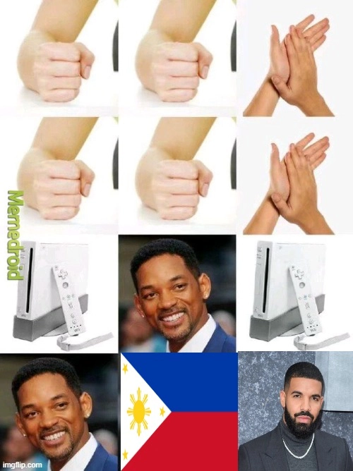 *bangs on table twice*, *clap*, *bangs on table twice* again, then *claps* again, nintendo wii, Will Smith, nintendo wii, Will Smith, philippines flag, drake