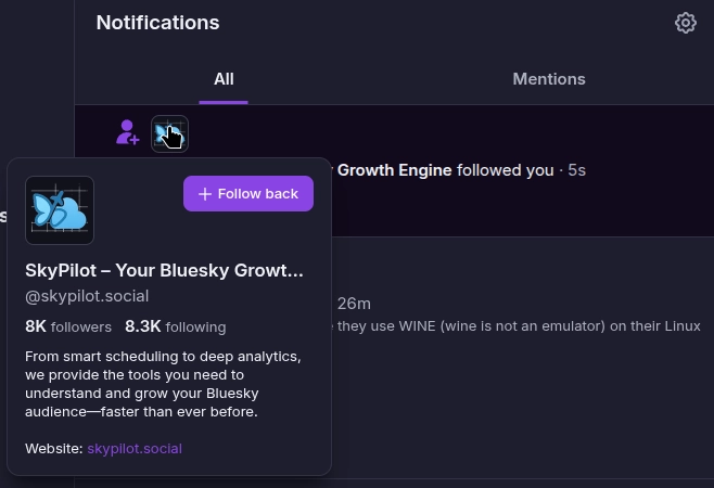 bluesky notification from a profile named "SkyPilot - Your Bluesky Growth Engine" following me