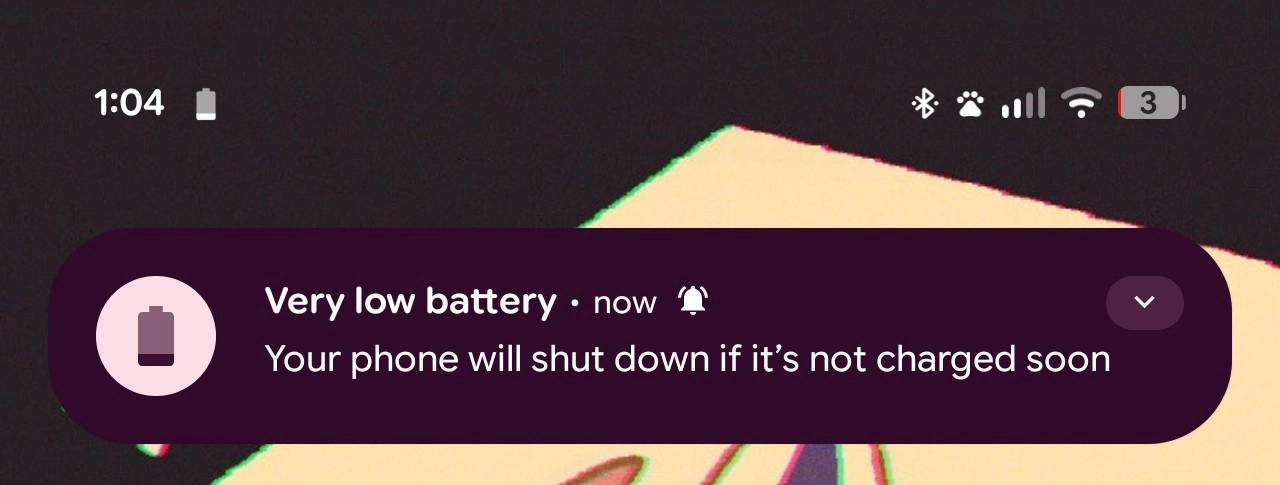 screenshot of a notification telling me my battery is low, my battery percentage is currently at 3%