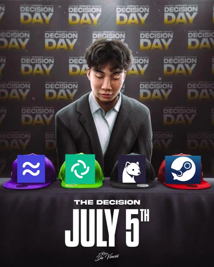edited photo of ricegum looking at 4 hats which are depicted as different chatting applications, they goes as follows.... fluxer, element/matrix, stoat, and steam chat, with text at the bottom reads "THE DECISION JULY 5TH"