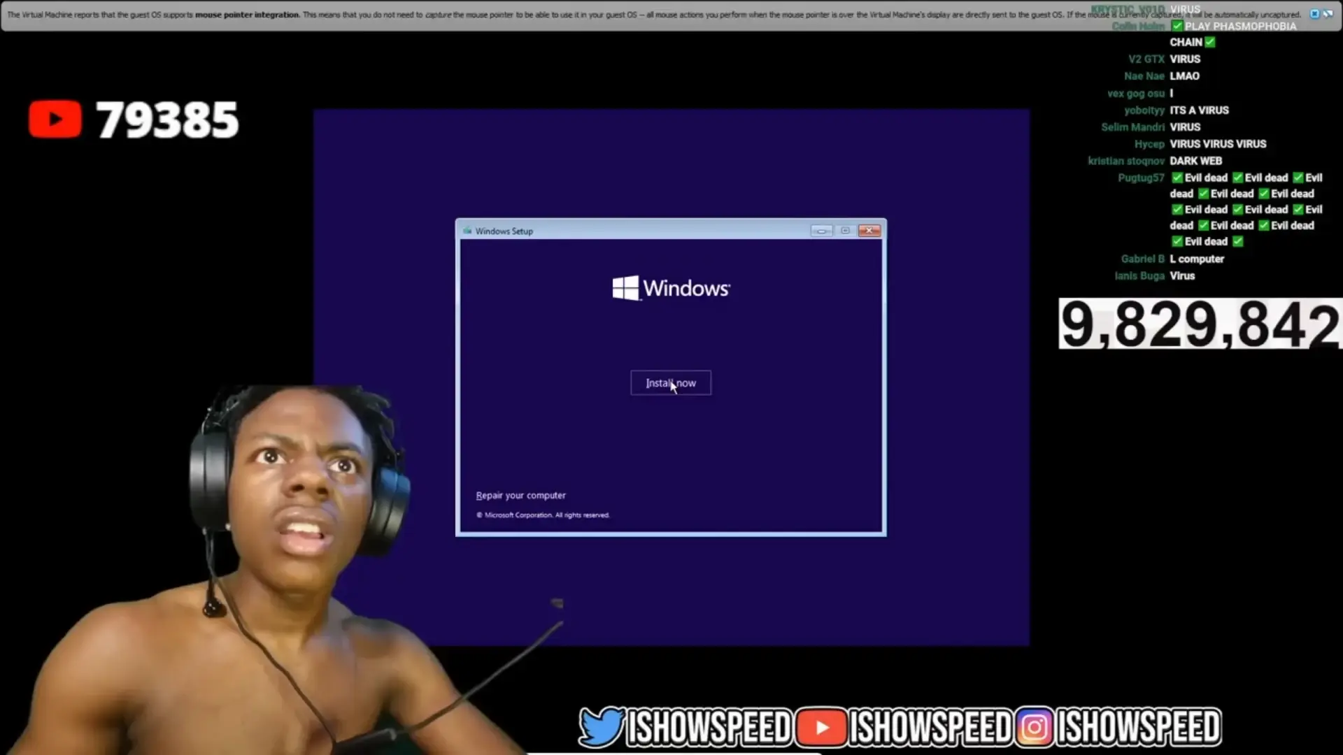 a screenshot from an ishowspeed stream of him staring very confusedly at the windows setup as his mouse cursor is hovering over the "install now" button, inside of virtualbox