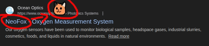 google search result for a NeoFox oxygen measurement system, a red circle is circling "NeoFox" with an arrow pointed towards a neofox emoji