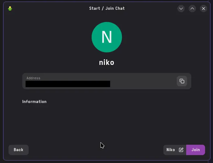 screenshot of me trying to add my own xmpp in gajim, but its actually shows as a group chat instead
