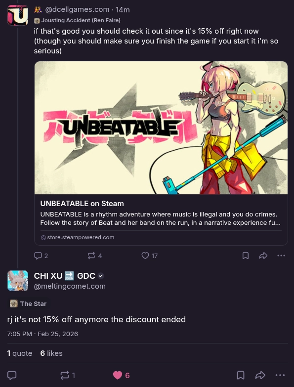 chi xu telling the person who runs the dcell games account that unbeatable is not 15% off anymore because he said it still was