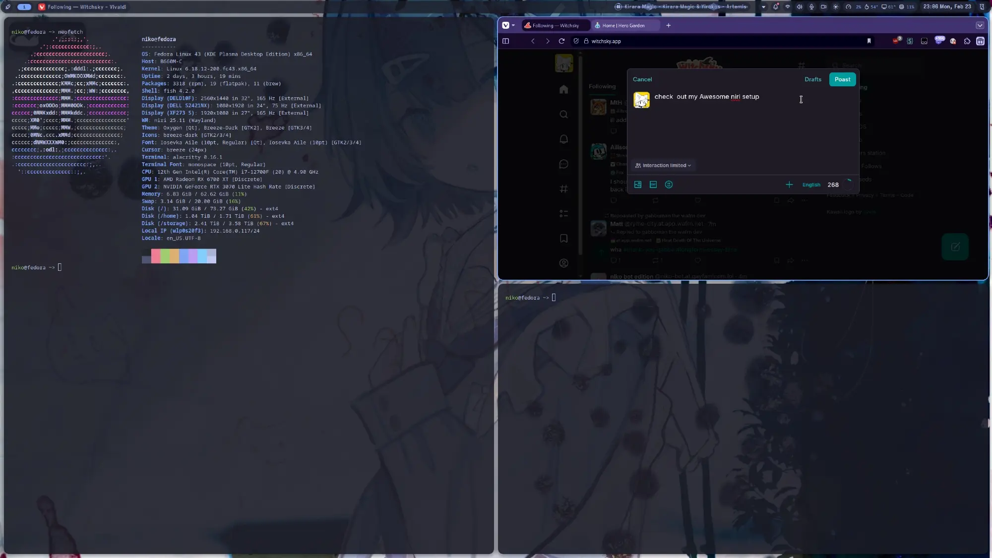 a screenshot of my niri setup with a terminal on the left showing im running fedora linux, and on the right is me on witchsky and composing this post