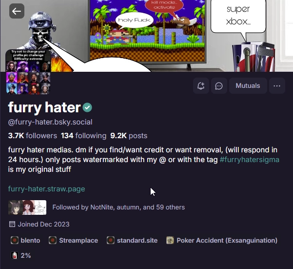 screenshot of furry hater's profile having 3.7k followers