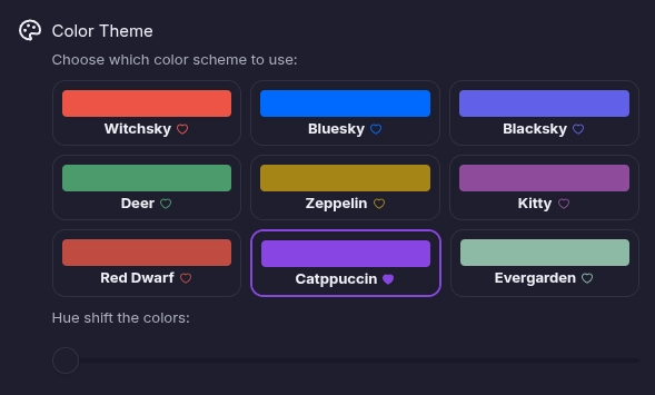 screenshot of me selecting the Catppuccin color scheme in the settings of witchsky