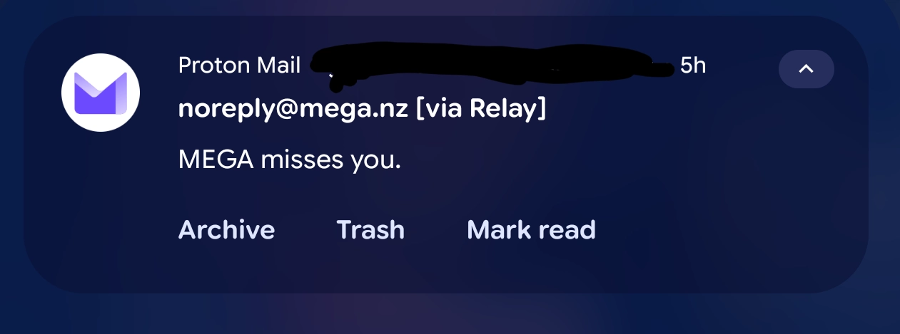 notification from an email from MEGA with the email subject that reads "MEGA misses you."