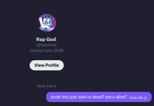 a message i sent to twomad's twitter that reads "dude tmz just said ur dead? are u alive?"