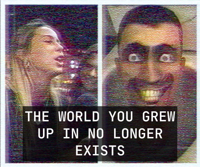 side by side image of the hawk tuah girl and skibidi toilet with a damaged vhs filter on it with text at the bottom that reads "THE WORLD YOU GREW UP IN NO LONGER EXISTS"