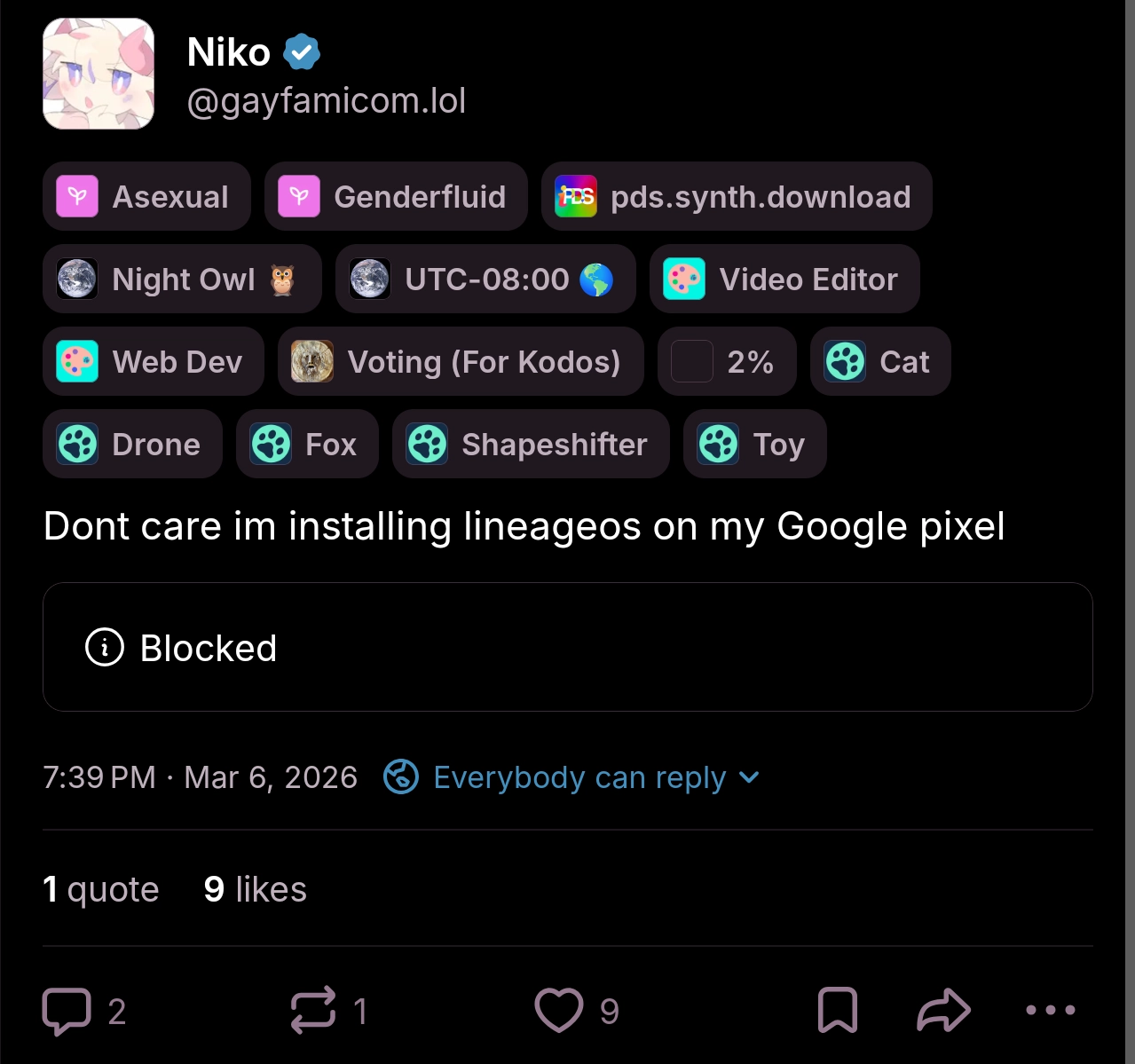 screenshot of a quote post directed towards grapheneos but just says Blocked instead, saying "Dont care im installing lineageos on my Google pixel"