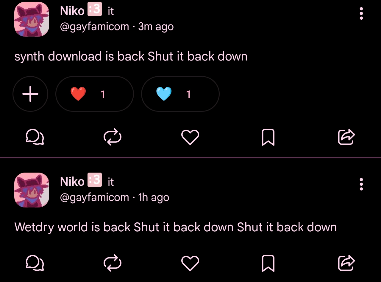 screenshot of two posts of me saying to shut down wetdry.world and synth.download