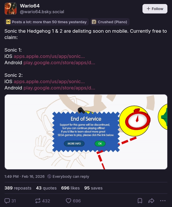 post from wario64 that reads "Sonic the Hedgehog 1 & 2 are delisting soon on mobile."