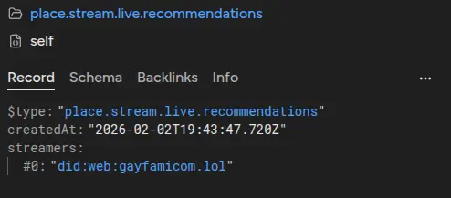 screenshot of a place.stream.live.recommendations record from someone that only has me in the record