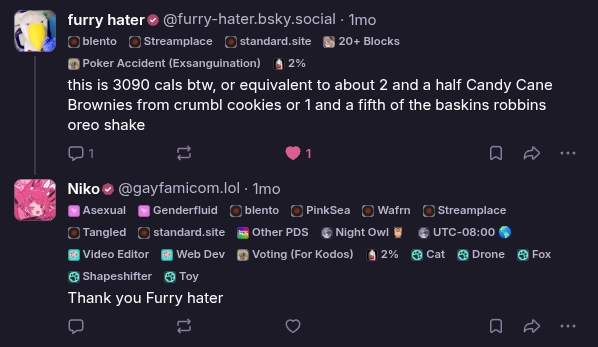 furry hater saying "this is 3090 cals btw, or equivalent to about 2 and a half Candy Cane Brownies from crumbl cookies or 1 and a fifth of the baskins robbins oreo shake" with me thanking him below