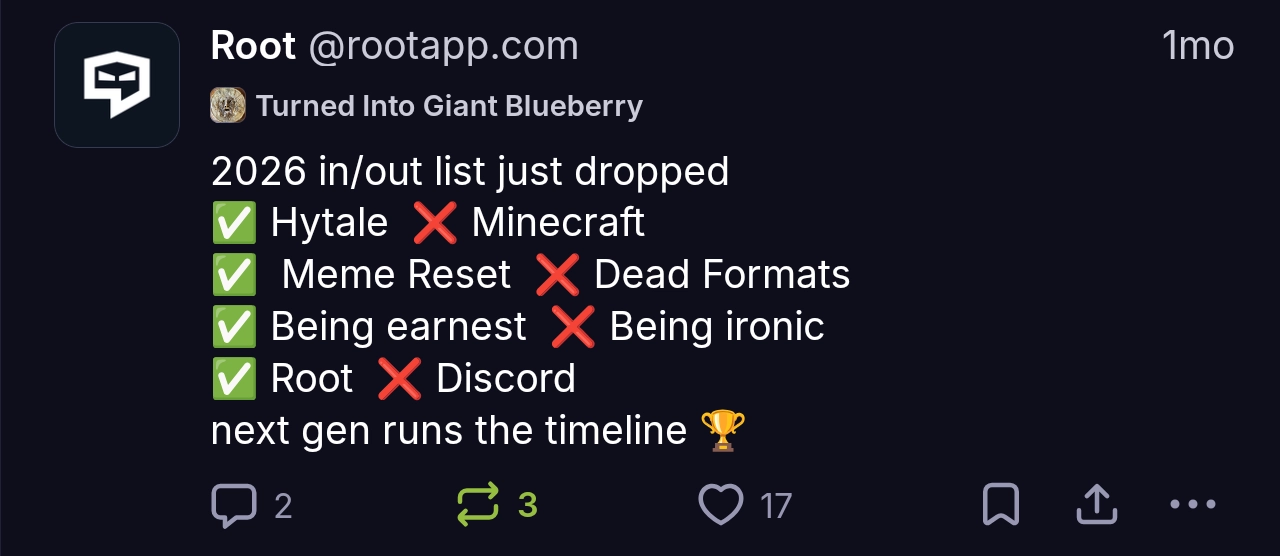 root app account posting some bullshit to promote their new discord alternative